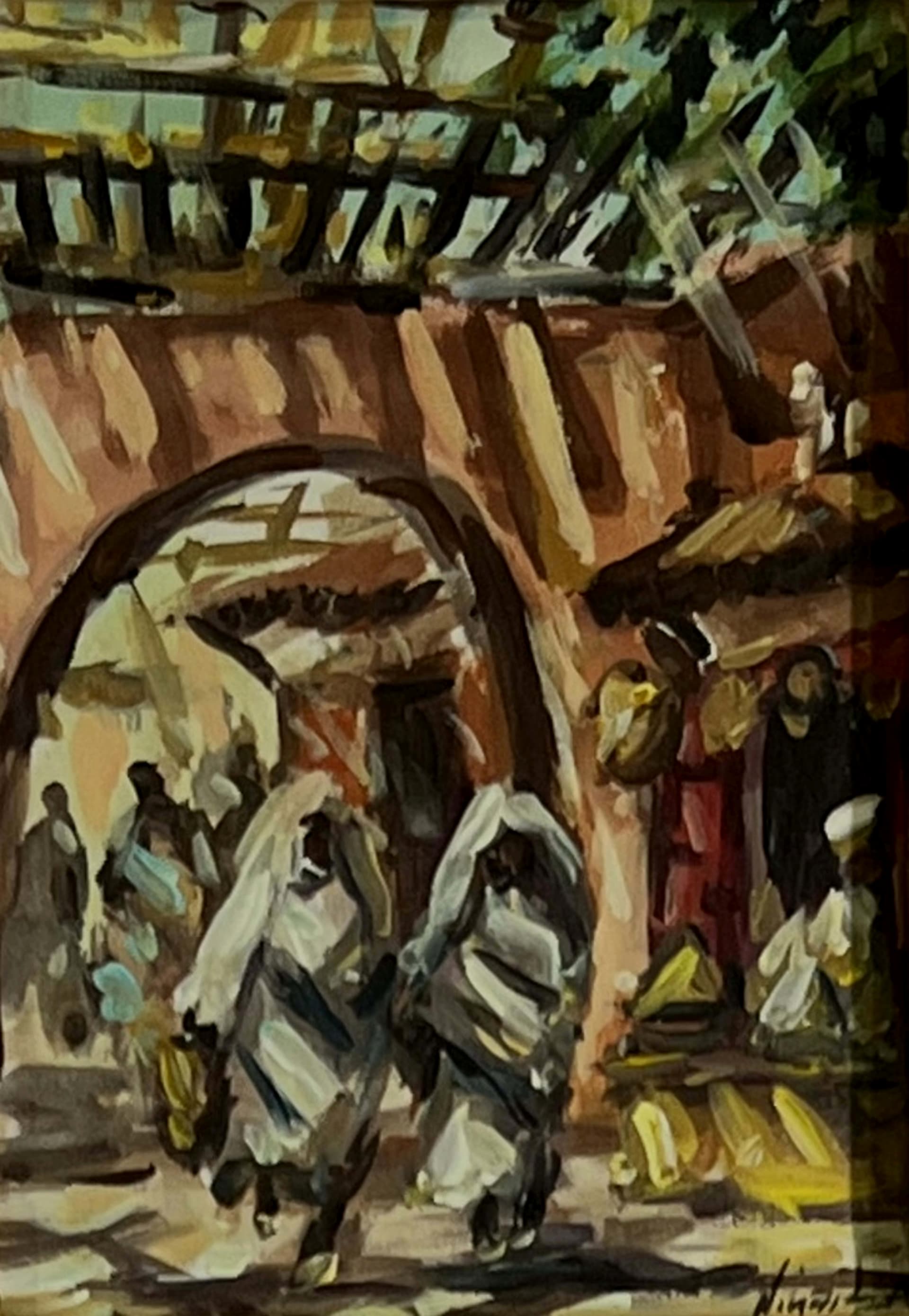 Tableau figuratif marocain - arcade de médina animée