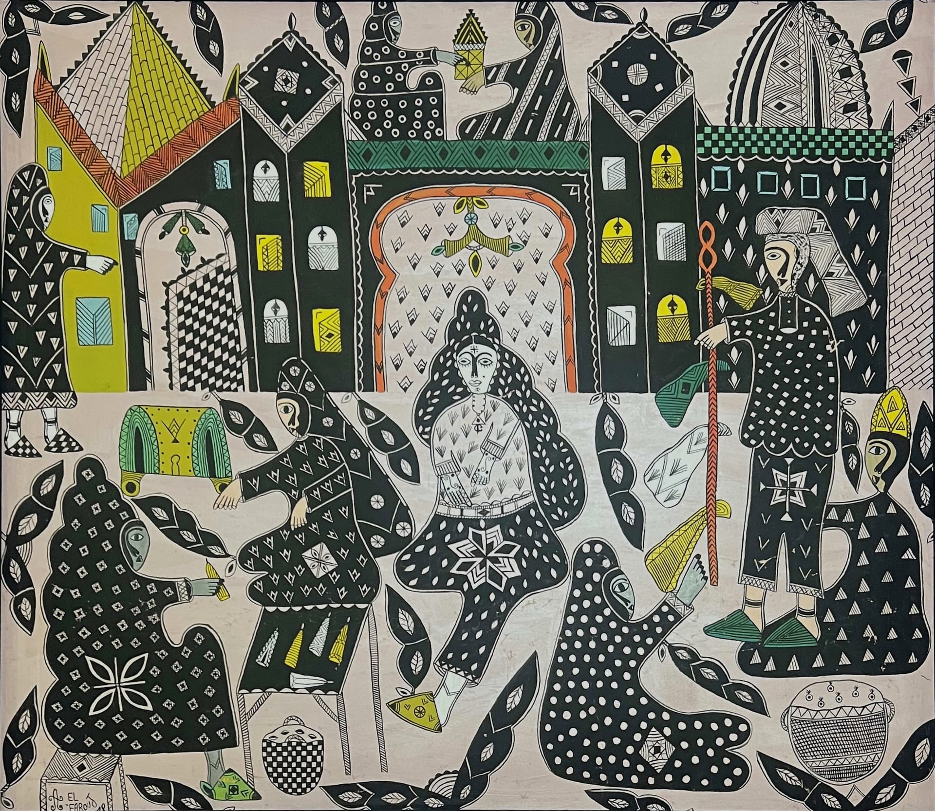 Tableau art naïf marocain - cortège de mariage en médina