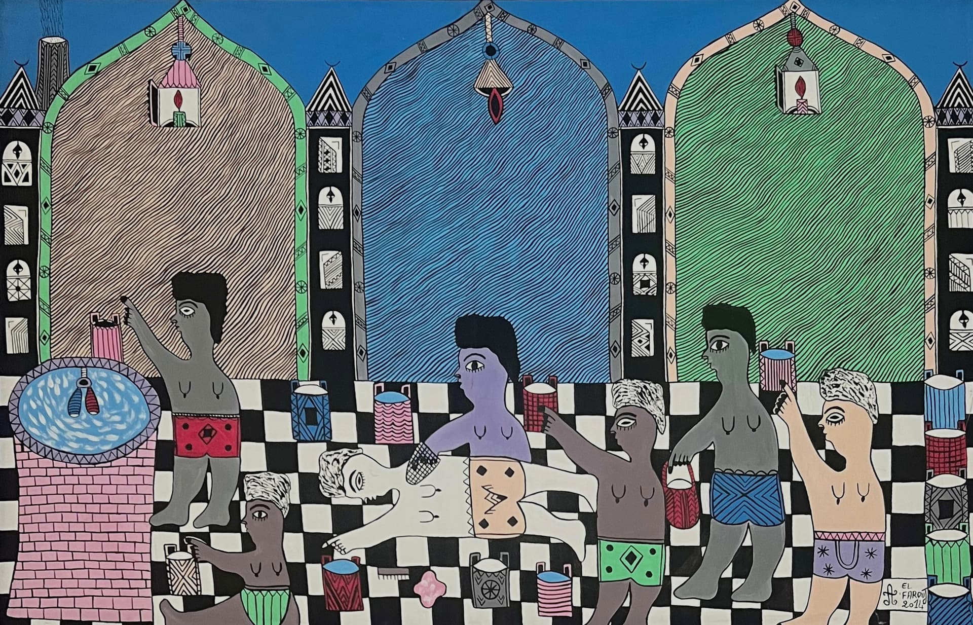 Tableau art naïf marocain - hammam sous grandes arches bleues