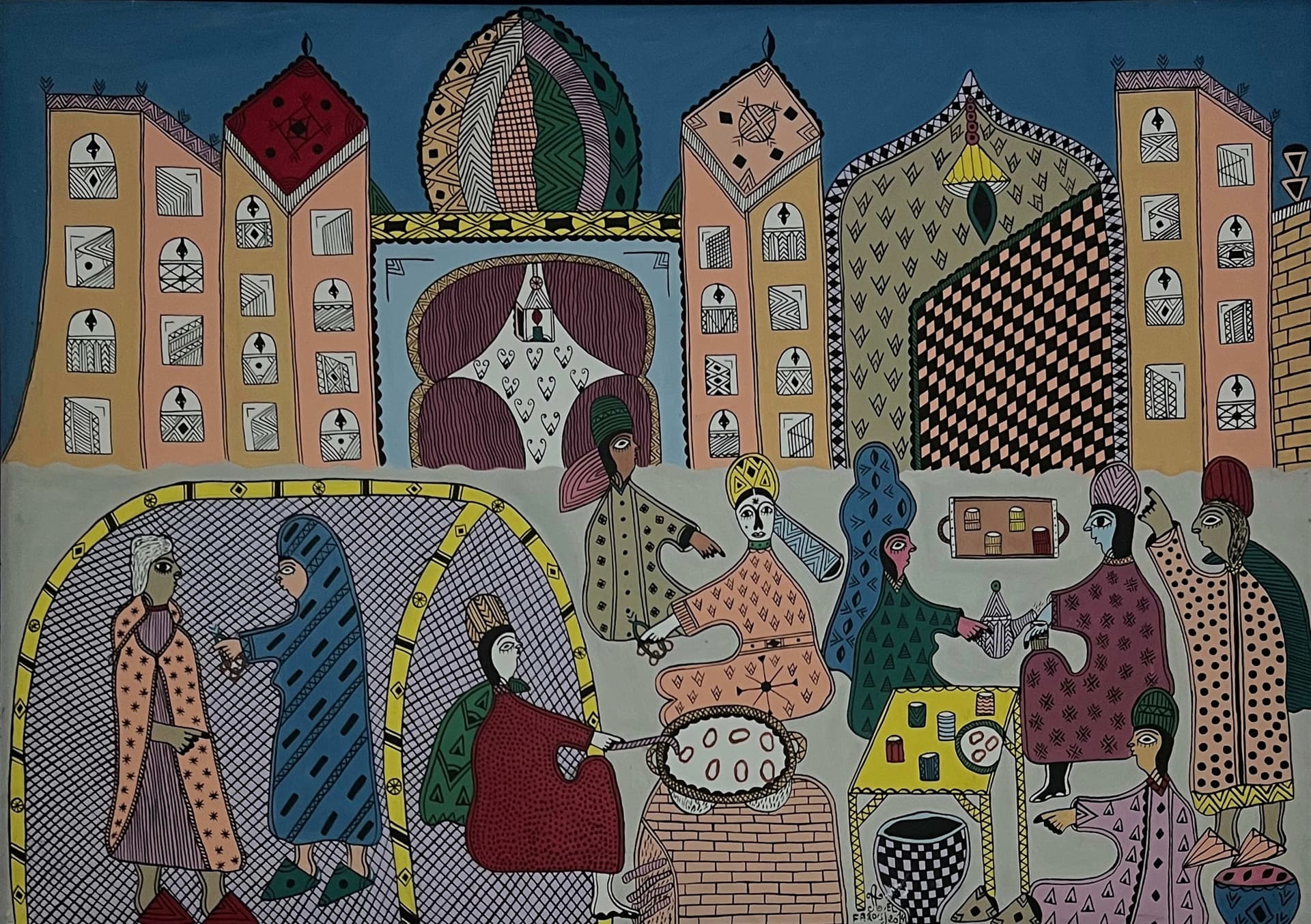 Tableau art naïf marocain - intérieur de palais et femmes