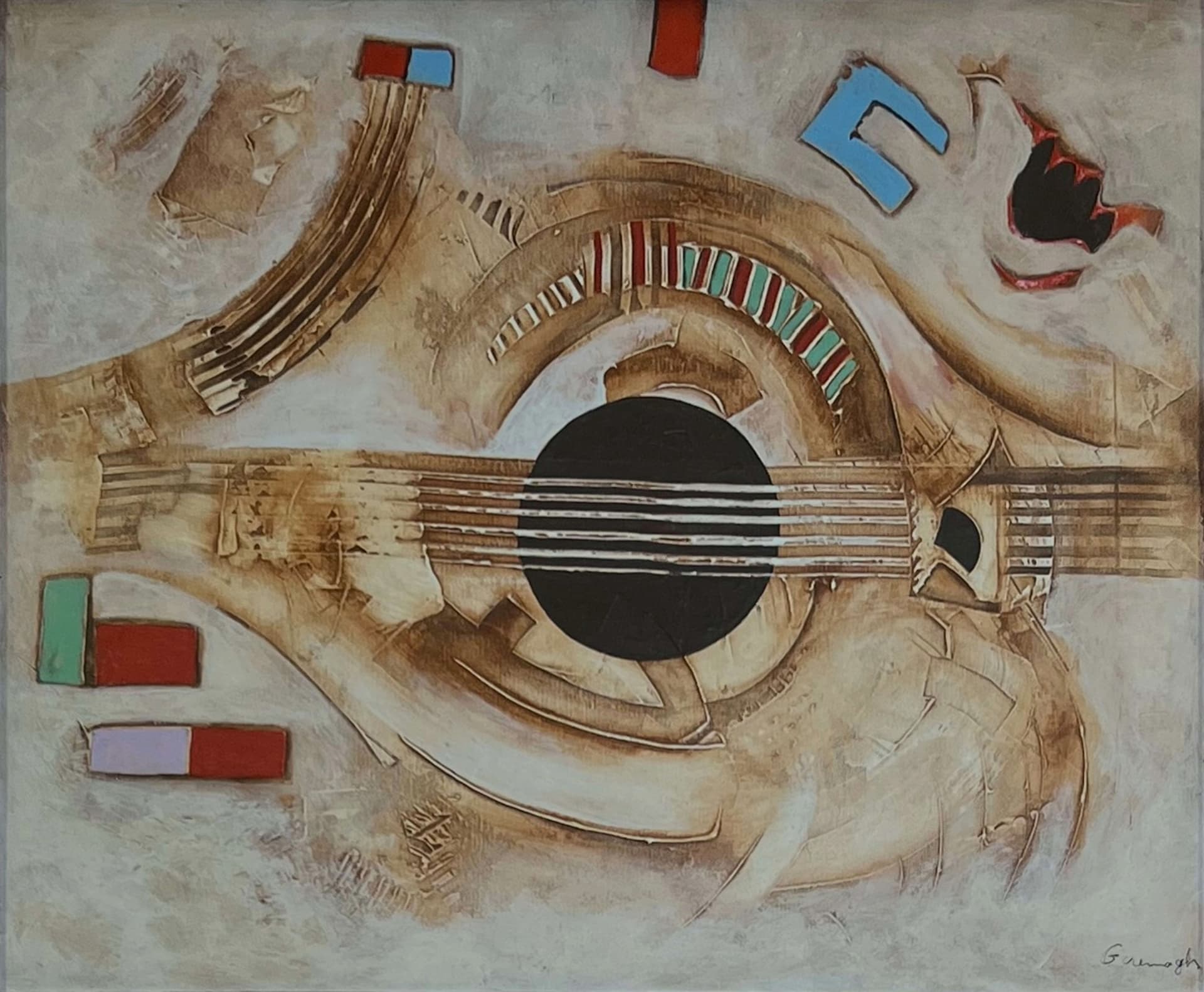 Tableau abstrait marocain - composition au luth et cercle noir