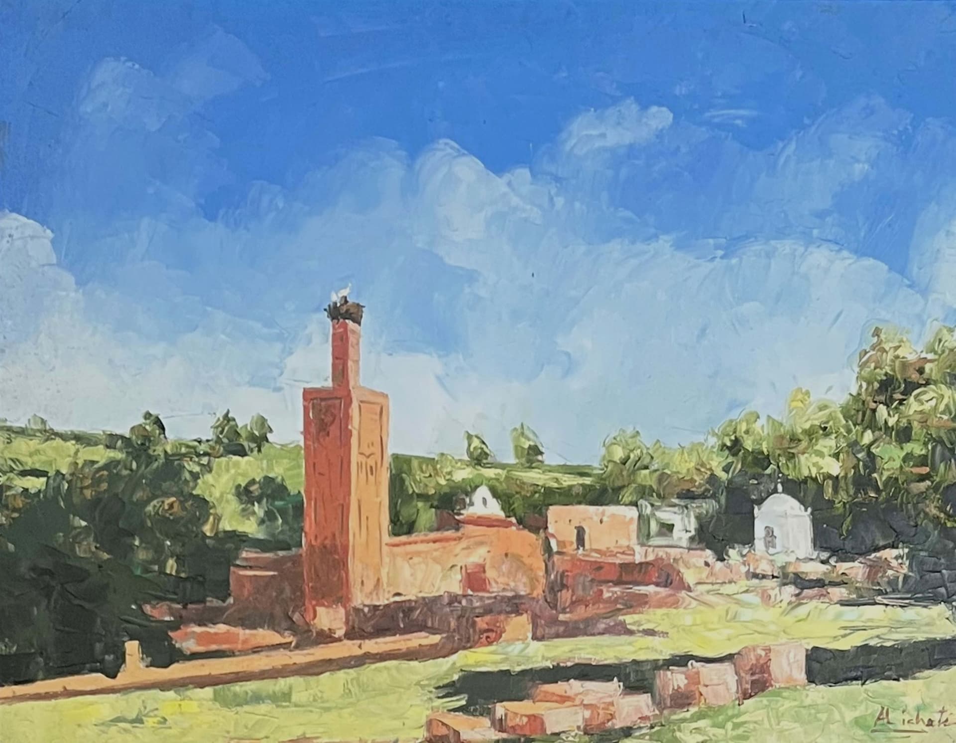 Tableau impressionniste marocain - minaret dans un paysage lumineux