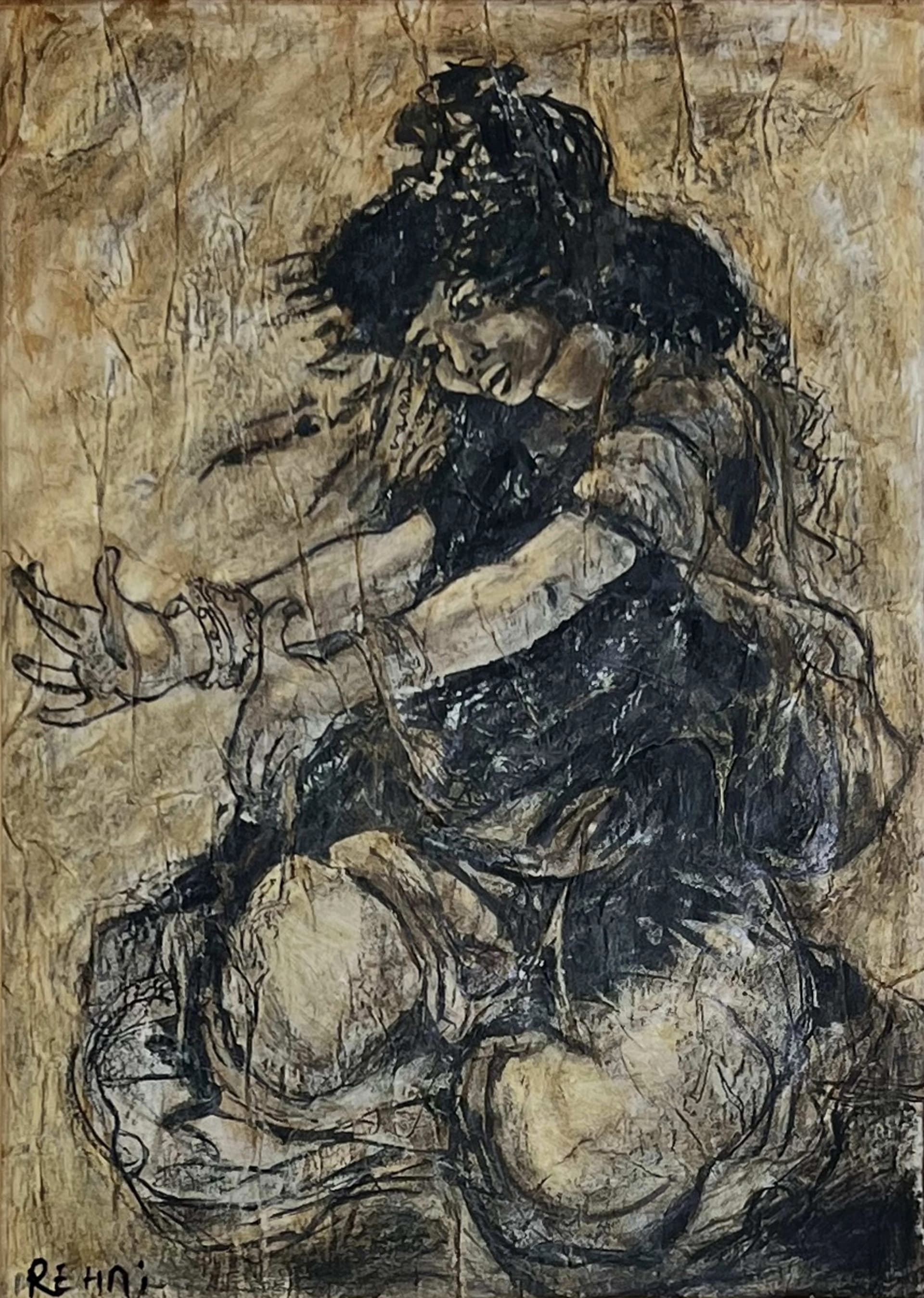 Tableau expressionniste marocain - personnage assis au trait noir