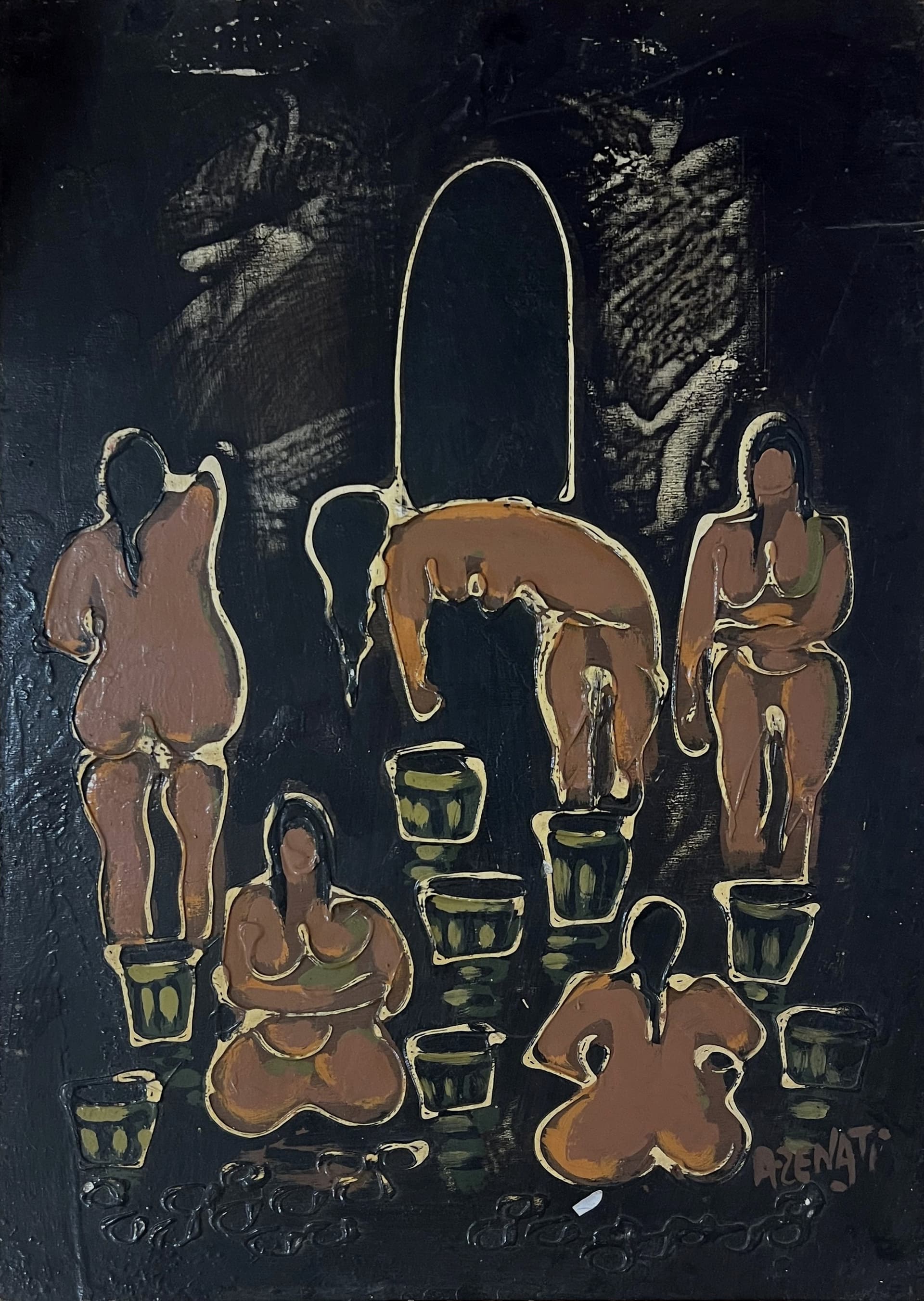 Tableau expressionniste marocain - scène de hammam aux silhouettes dorées