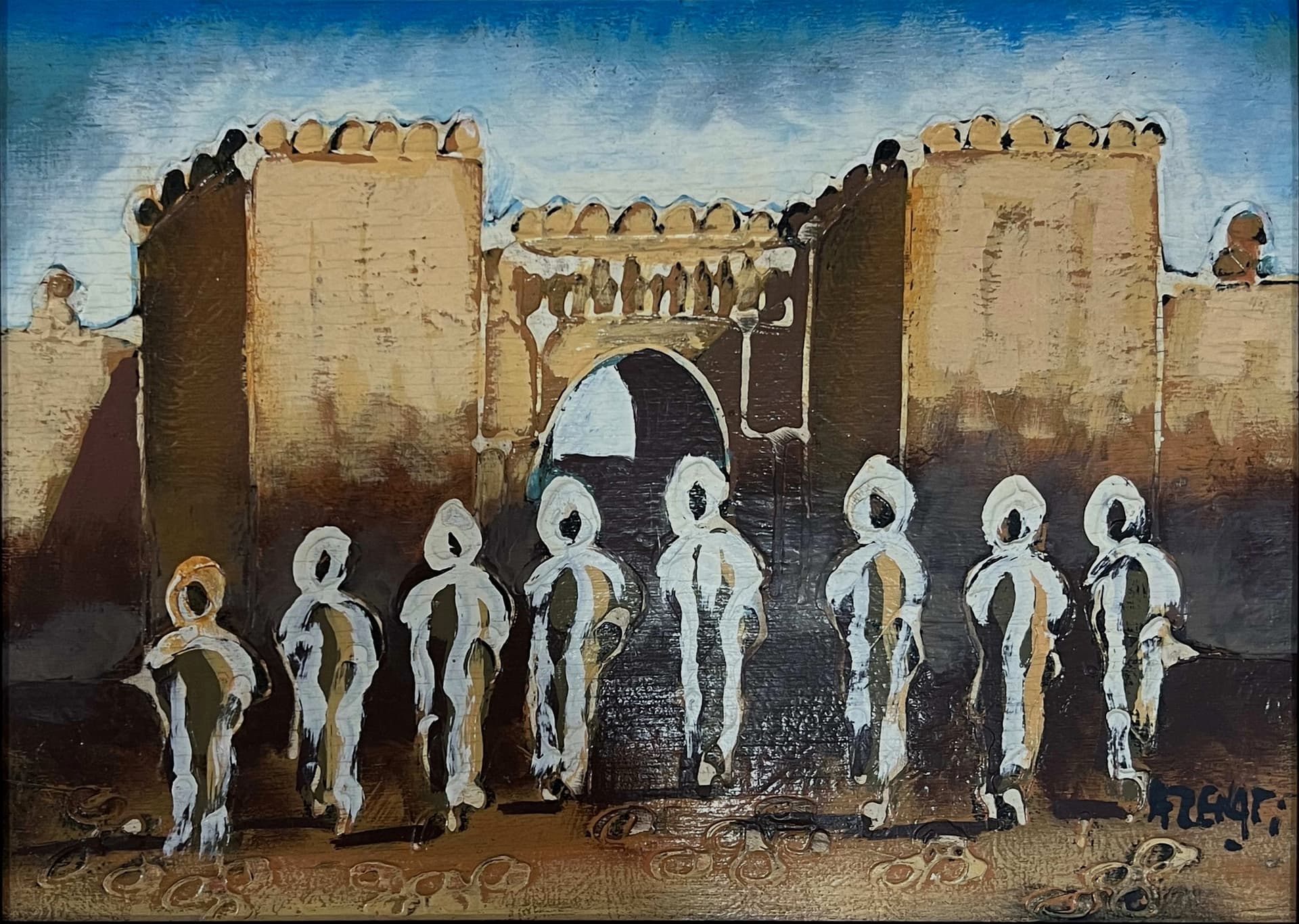 Tableau expressionniste marocain - ville fortifiée et silhouettes blanches