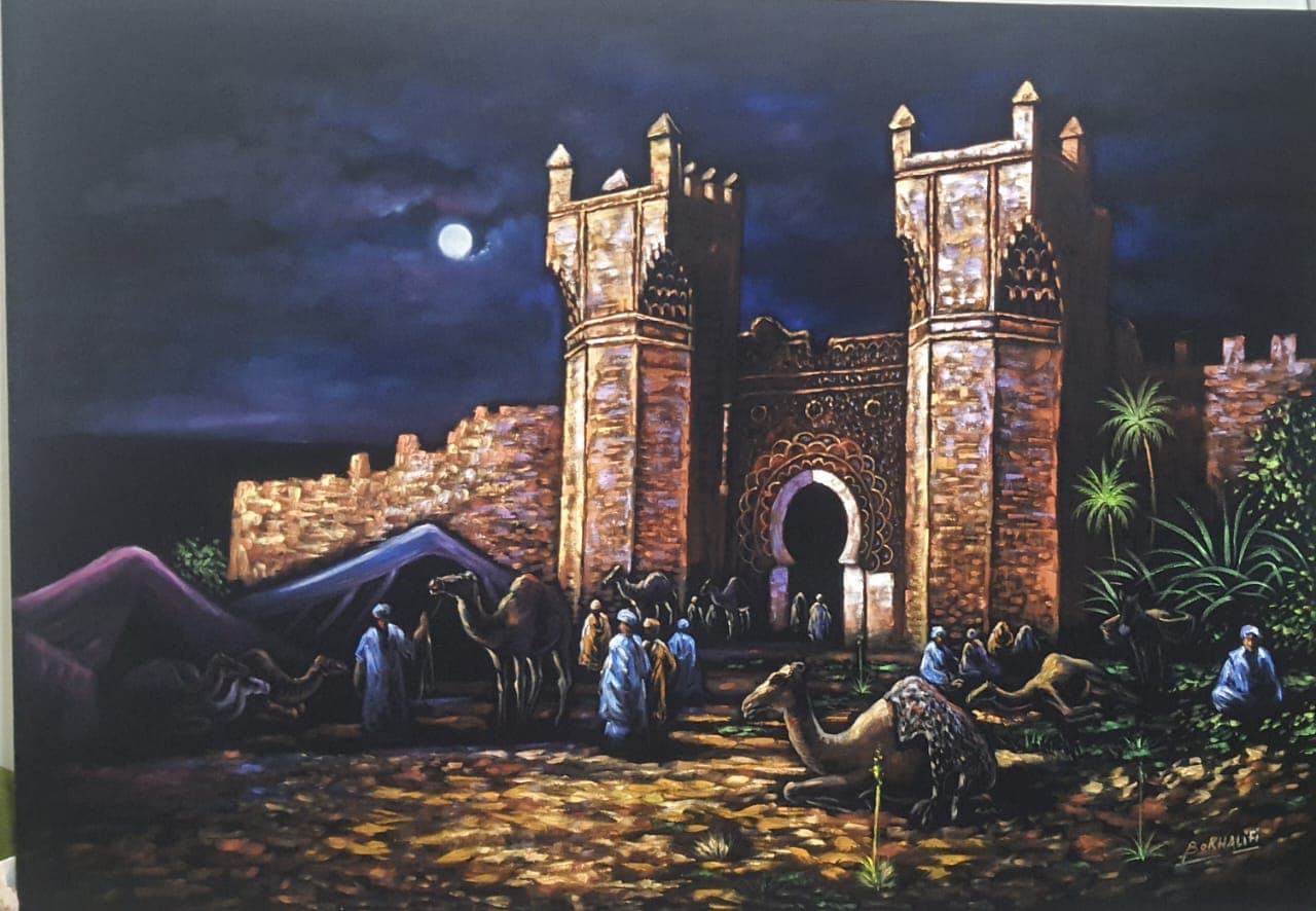 Bab Chellah, Caravane sous la Lune — Huile sur toile 140 x 100 cm, Boukhalifi