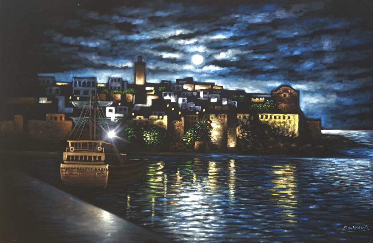 La Kasbah des Oudayas la Nuit, Rabat — Huile sur toile 120 x 80 cm, Boukhalifi