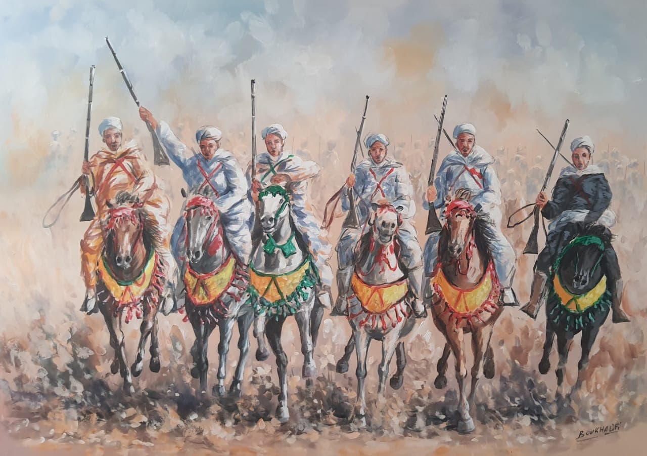 Fantasia, la Charge des Six Cavaliers — Huile sur toile 140 x 100 cm, Boukhalifi