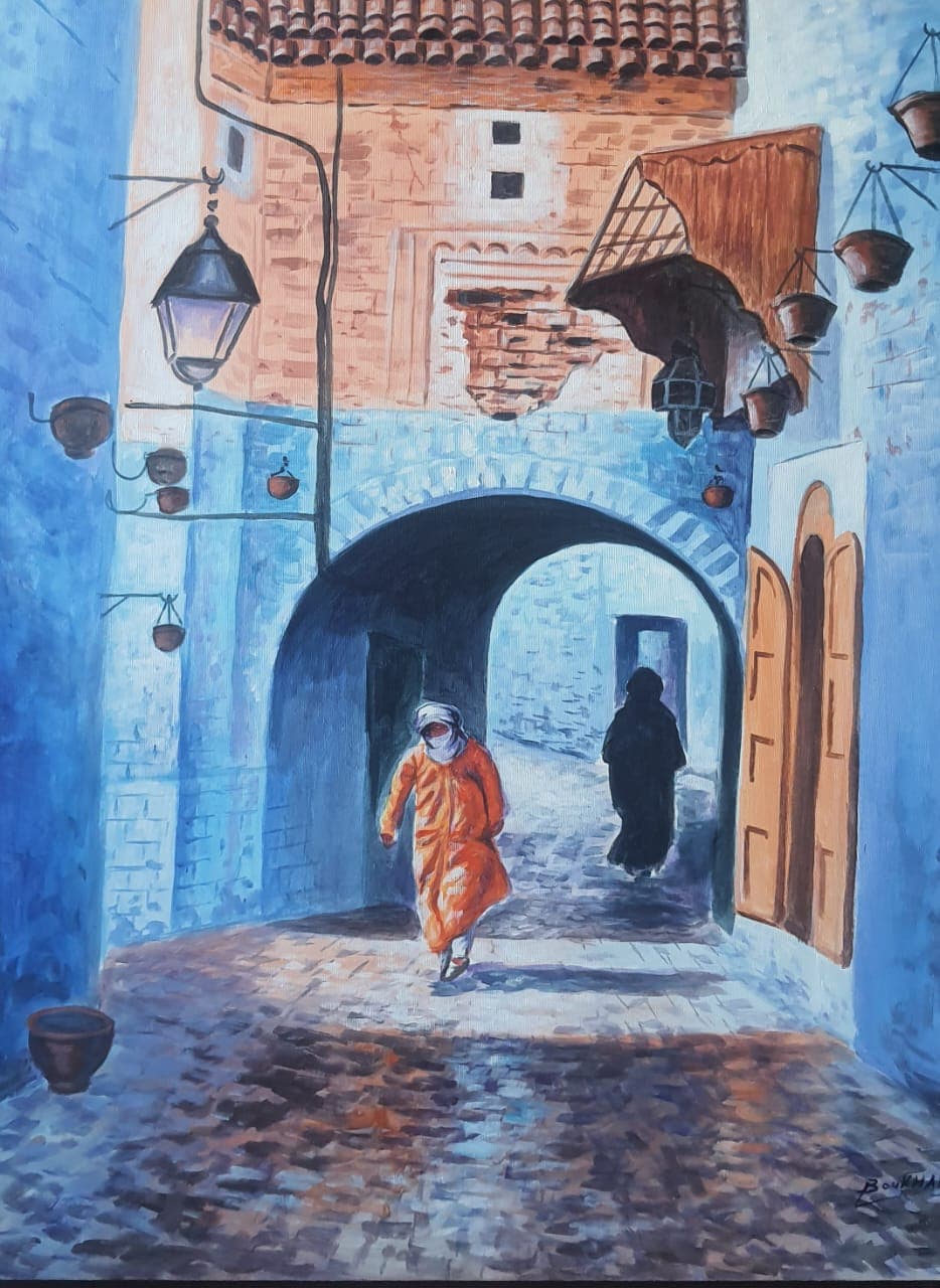 Ruelle Bleue de Chefchaouen — Huile sur toile 70 x 100 cm, Boukhalifi