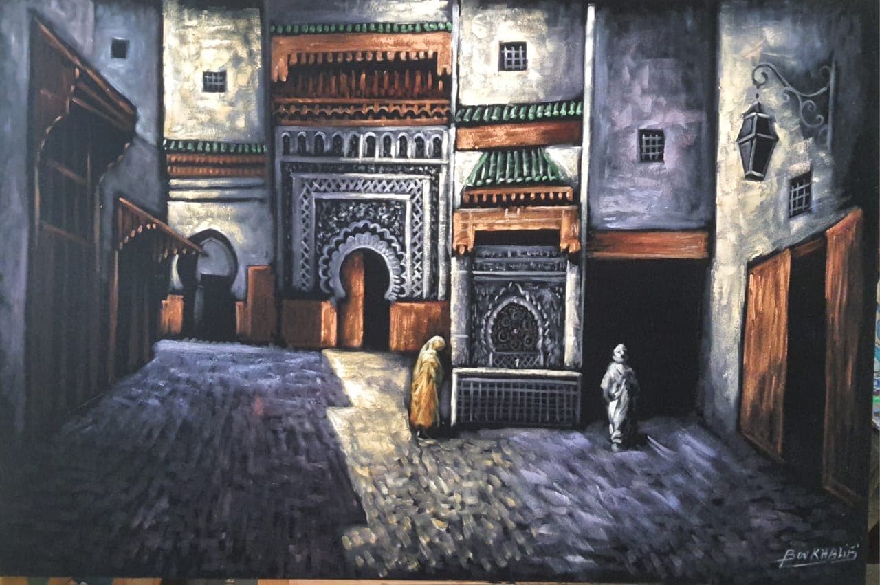 Place Nejjarine, Fès — Huile sur toile 120 x 80 cm, Boukhalifi