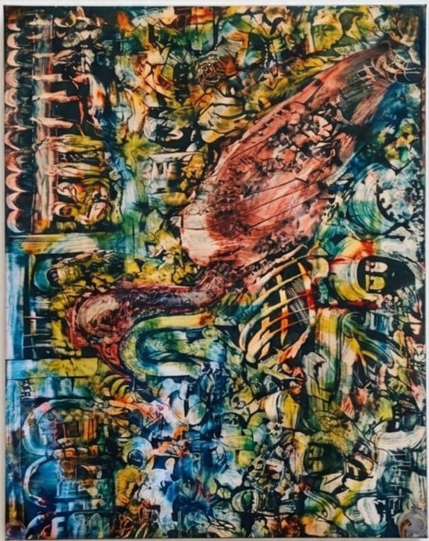 Oiseau pourpre déployé sur trame expressionniste verte et or — El Hani