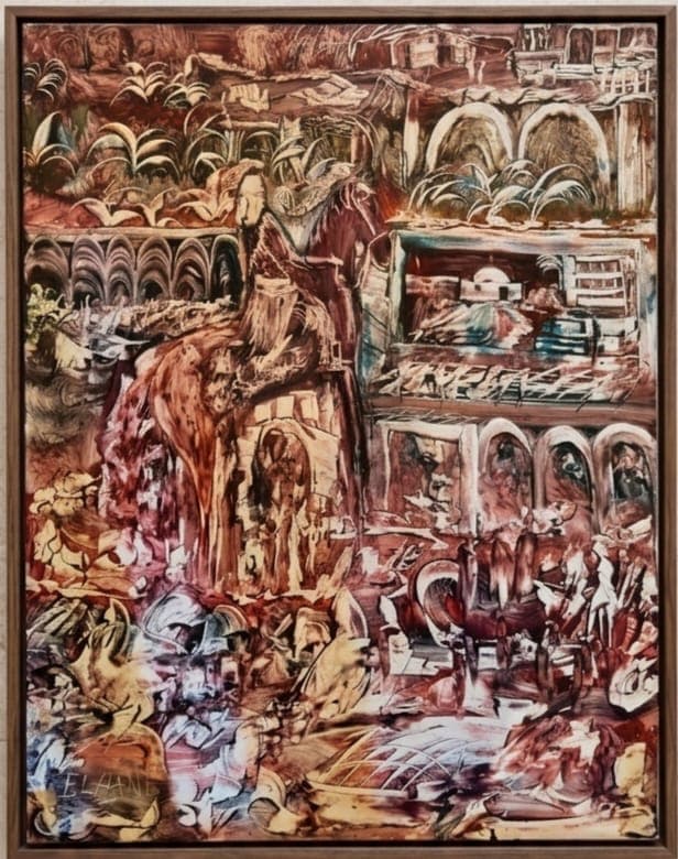Cavalier drapé au milieu d'arcades, camaïeu de terres brûlées et bordeaux — El Hani
