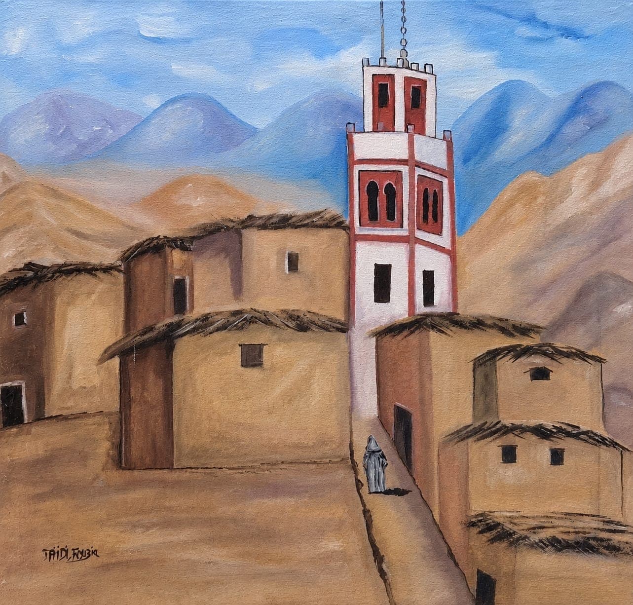 Tableau village de l'Atlas au minaret par Fouzia Jaïdi