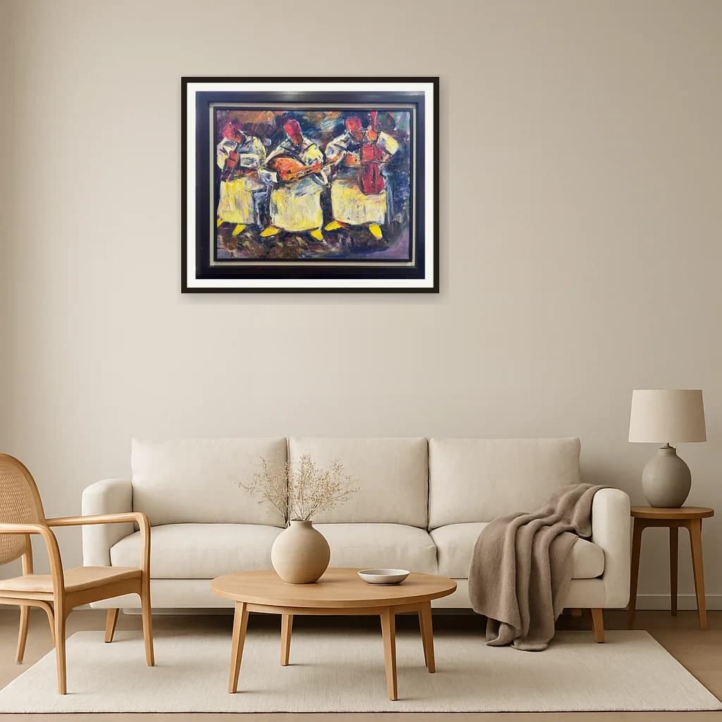 Tableau Abstrait musiciens marocains – tableau figuratif peint à la main par Mohamed Rehmi – vue 3