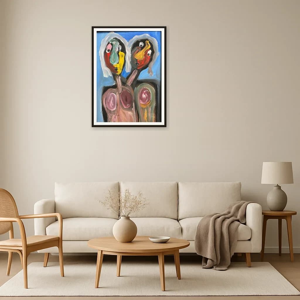 Tableau Abstrait duo de visages colorés – tableau expressioniste peint à la main par Ahmed Belmkadem – vue 3