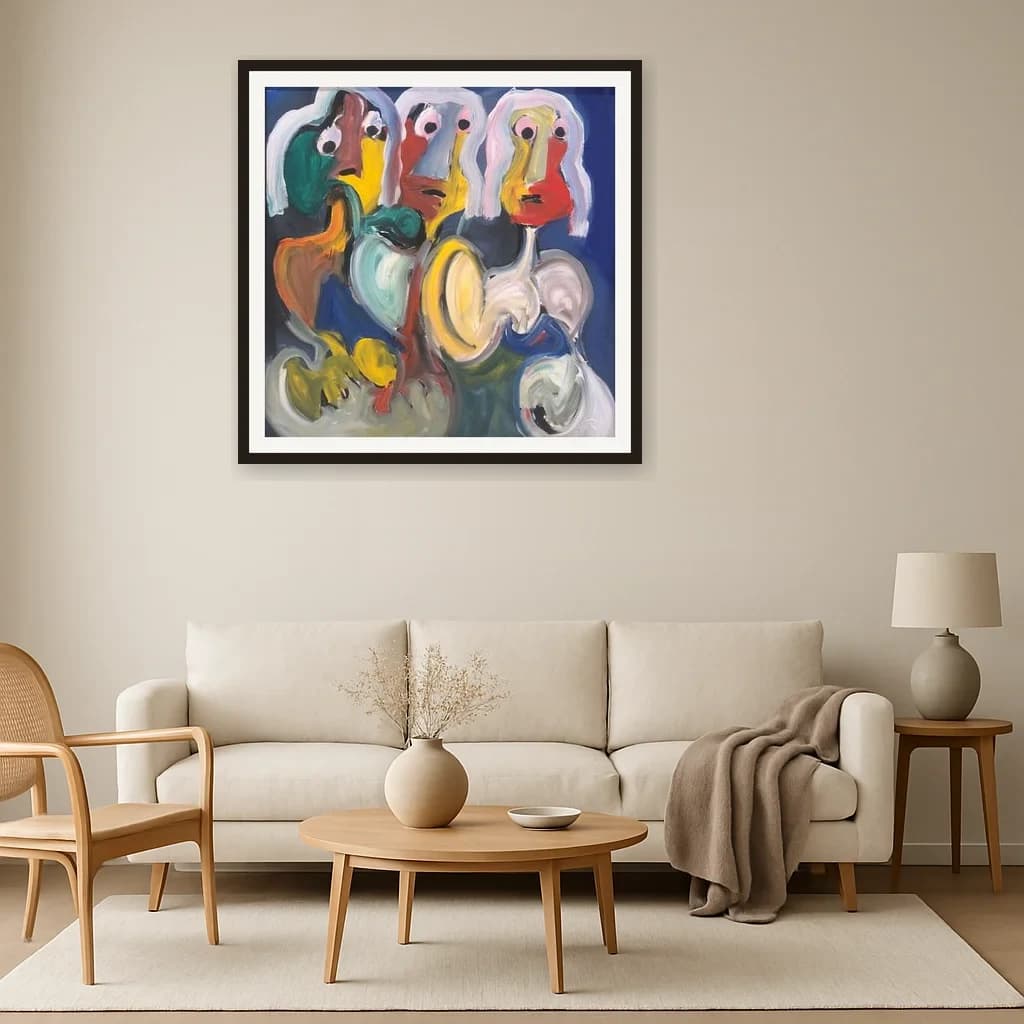 Tableau Abstrait visages colorés – tableau expressioniste peint à la main par Ahmed Belmkadem – vue 3