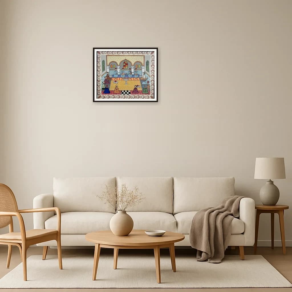 Tableau Scène marocaine musicale intérieure – tableau art naïf peint à la main par Ahmed Cherrad – vue 3