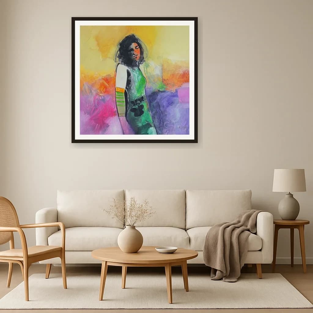 Tableau figuratif marocain - portrait de femme sur fond abstrait – vue 3