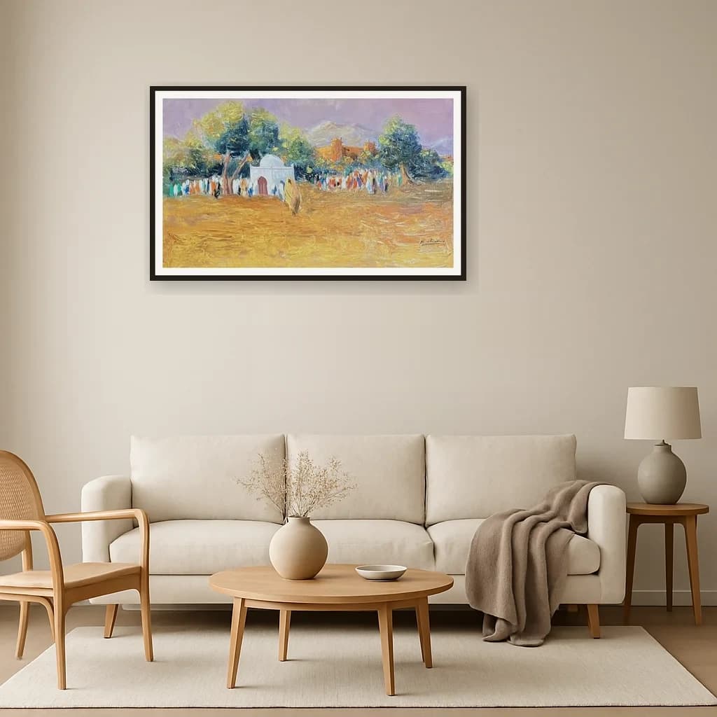 Tableau impressionniste marocain - marabout et foule en paysage ocre – vue 3