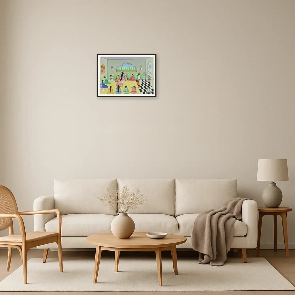 Tableau art naïf marocain - scène de hammam et femmes assises – vue 3
