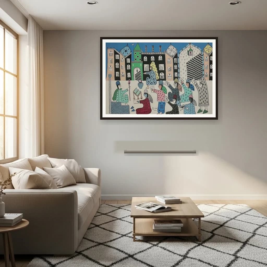 Tableau art naïf marocain - souk animé devant architectures bleues – vue 3