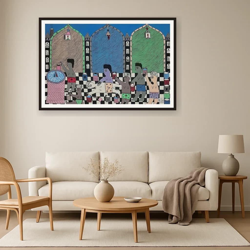 Tableau art naïf marocain - hammam sous grandes arches bleues – vue 3