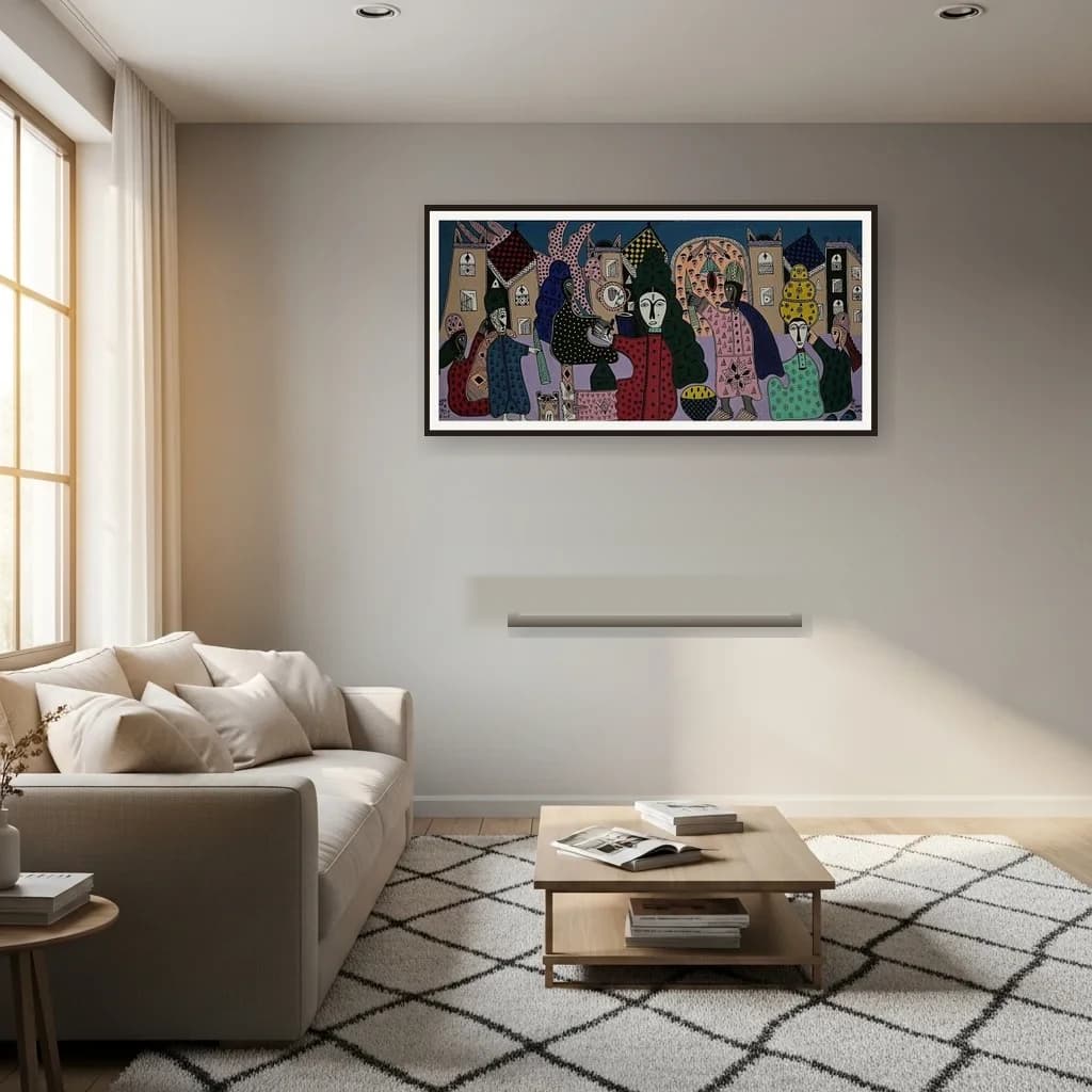 Tableau art naïf marocain - femmes et nature morte aux motifs – vue 3