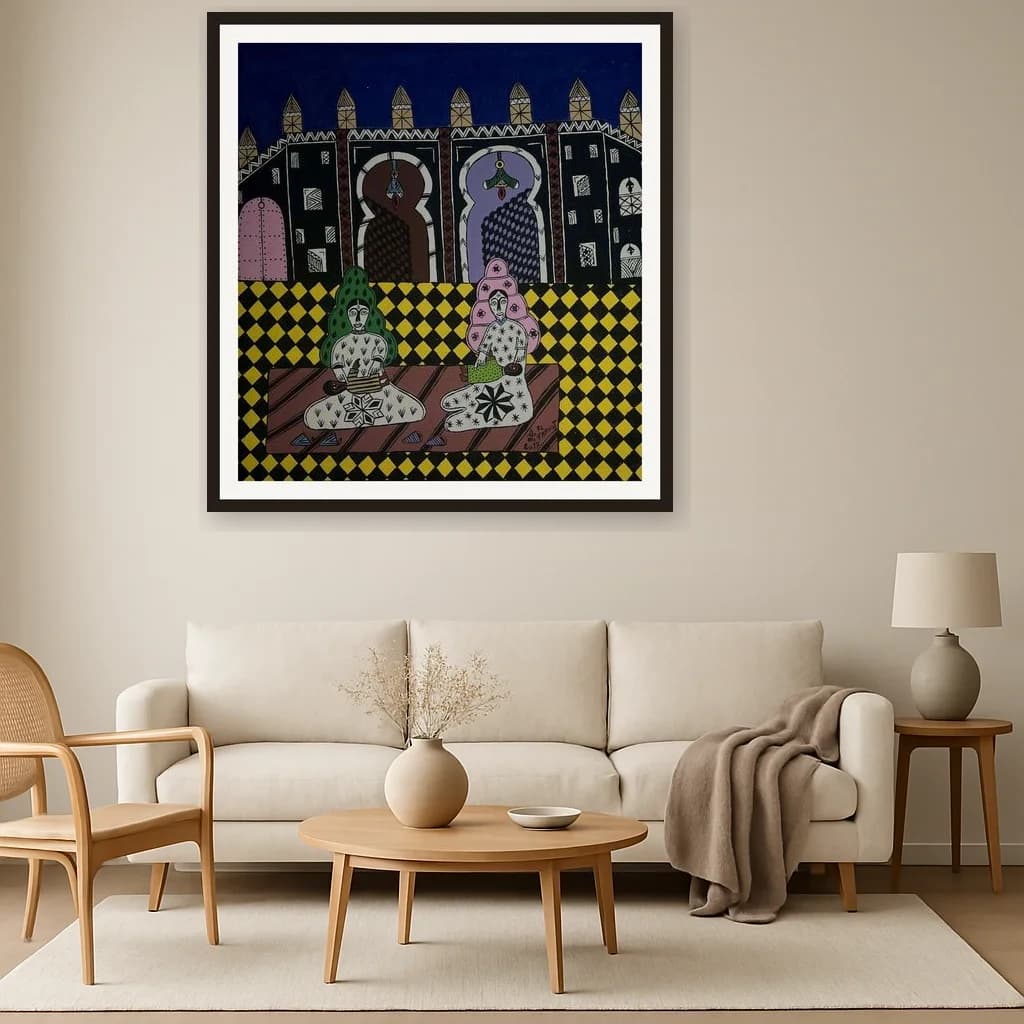 Tableau art naïf marocain - femmes au hammam sur damier – vue 3