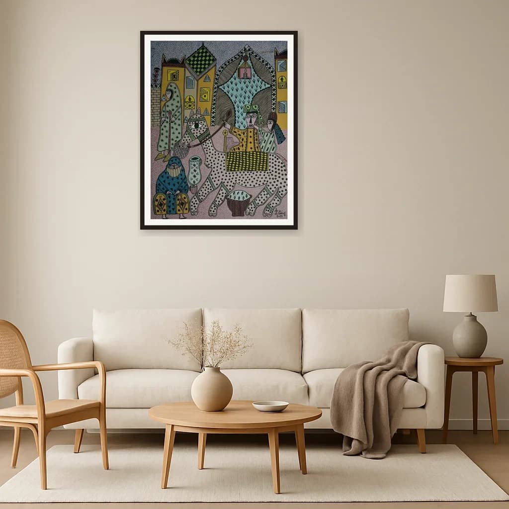 Tableau art naïf marocain - famille dans un intérieur marocain – vue 3