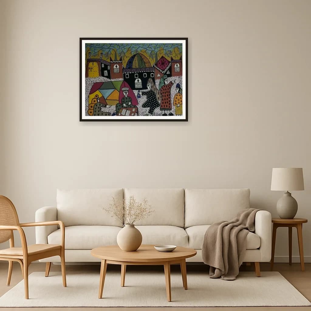 Tableau art naïf marocain - scène d'intérieur autour du tapis – vue 3