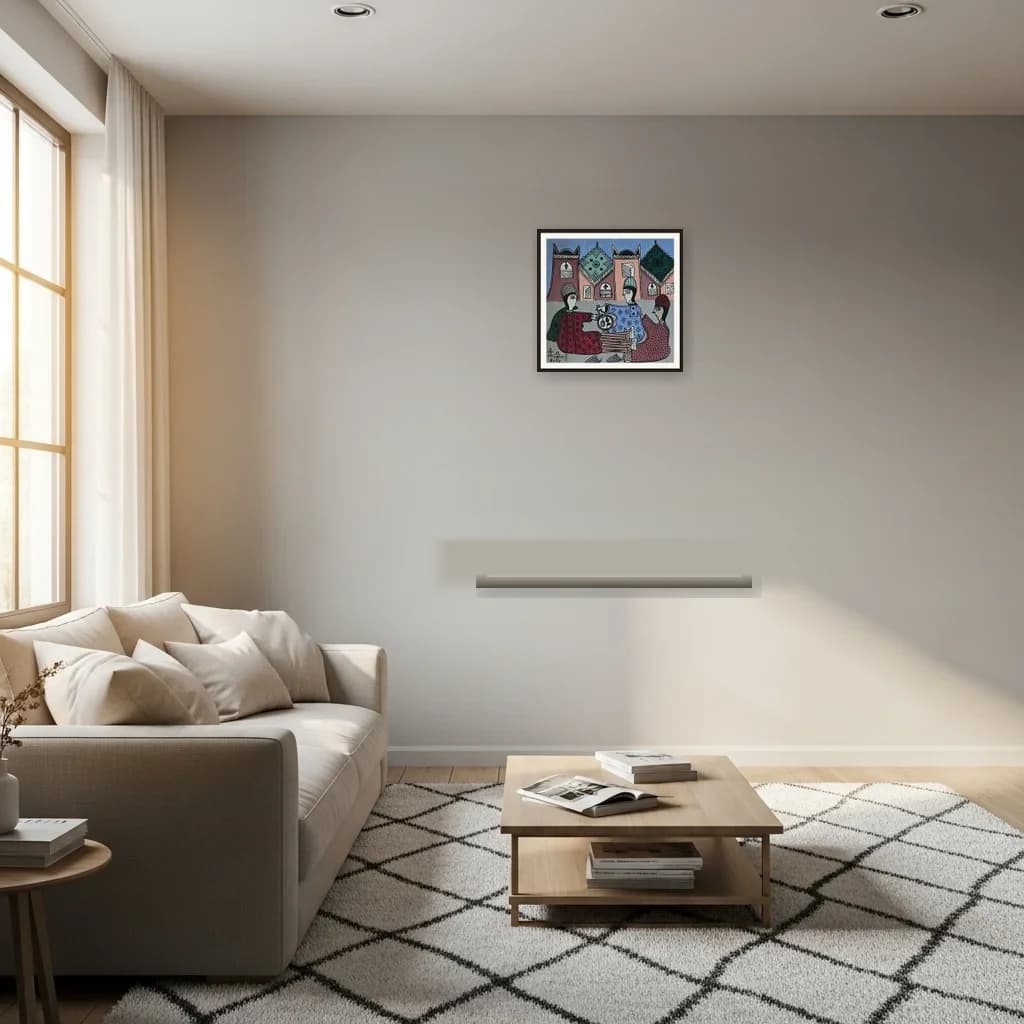 Tableau art naïf marocain - jeux et thé en intérieur – vue 3