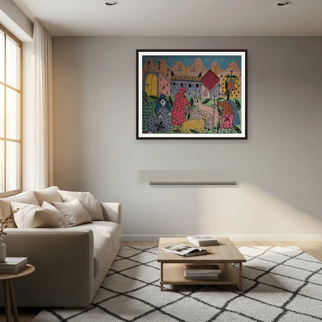 Tableau art naïf marocain - femmes et léopard dans un jardin – vue 3