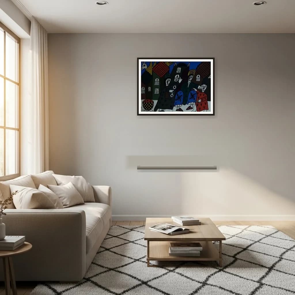 Tableau art naïf marocain - silhouettes en médina nocturne – vue 3