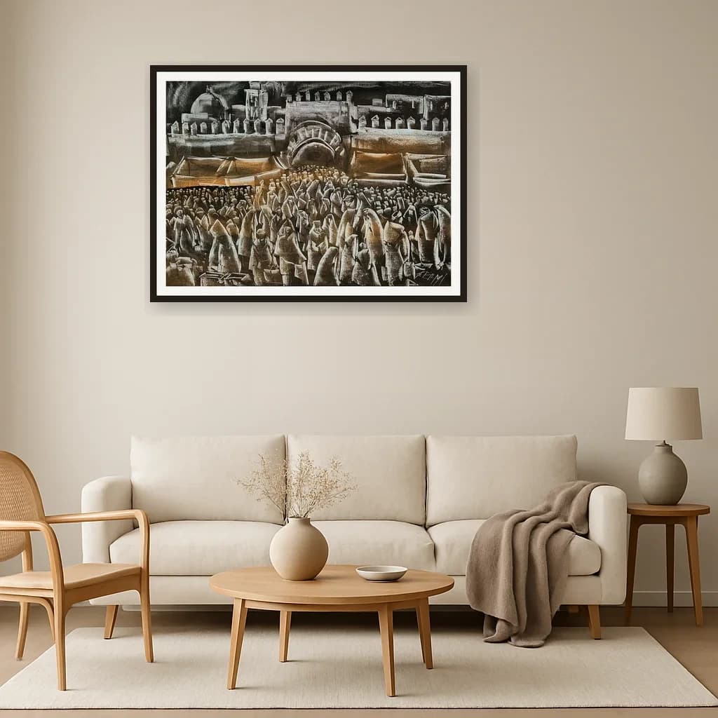 Tableau figuratif marocain - foule devant remparts – vue 3