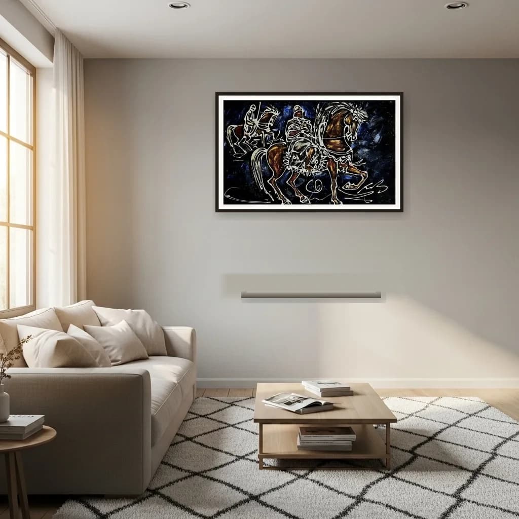Tableau expressionniste marocain - cavalier de fantasia noir et blanc – vue 3
