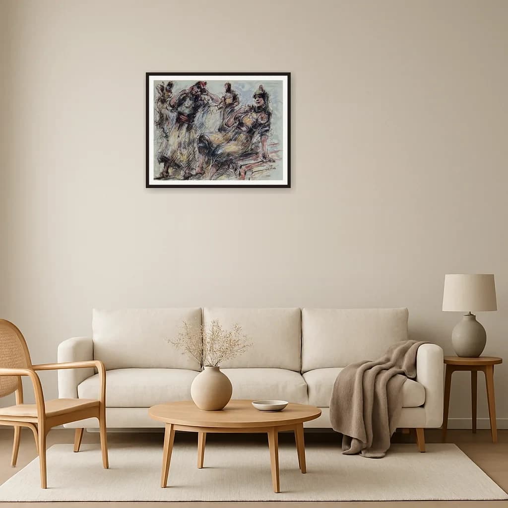Tableau expressionniste marocain - fantasia dessinée au trait – vue 3