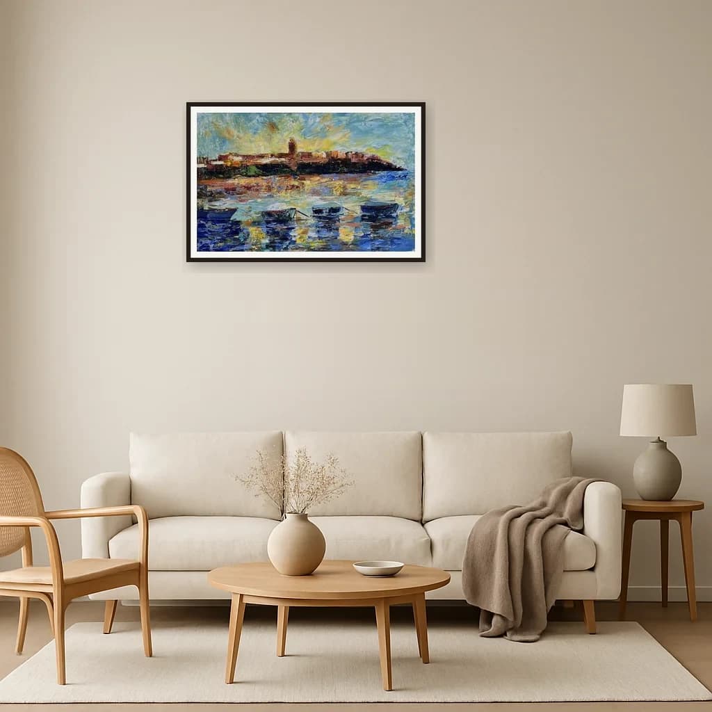 Tableau impressionniste marocain - port et médina aux reflets – vue 3