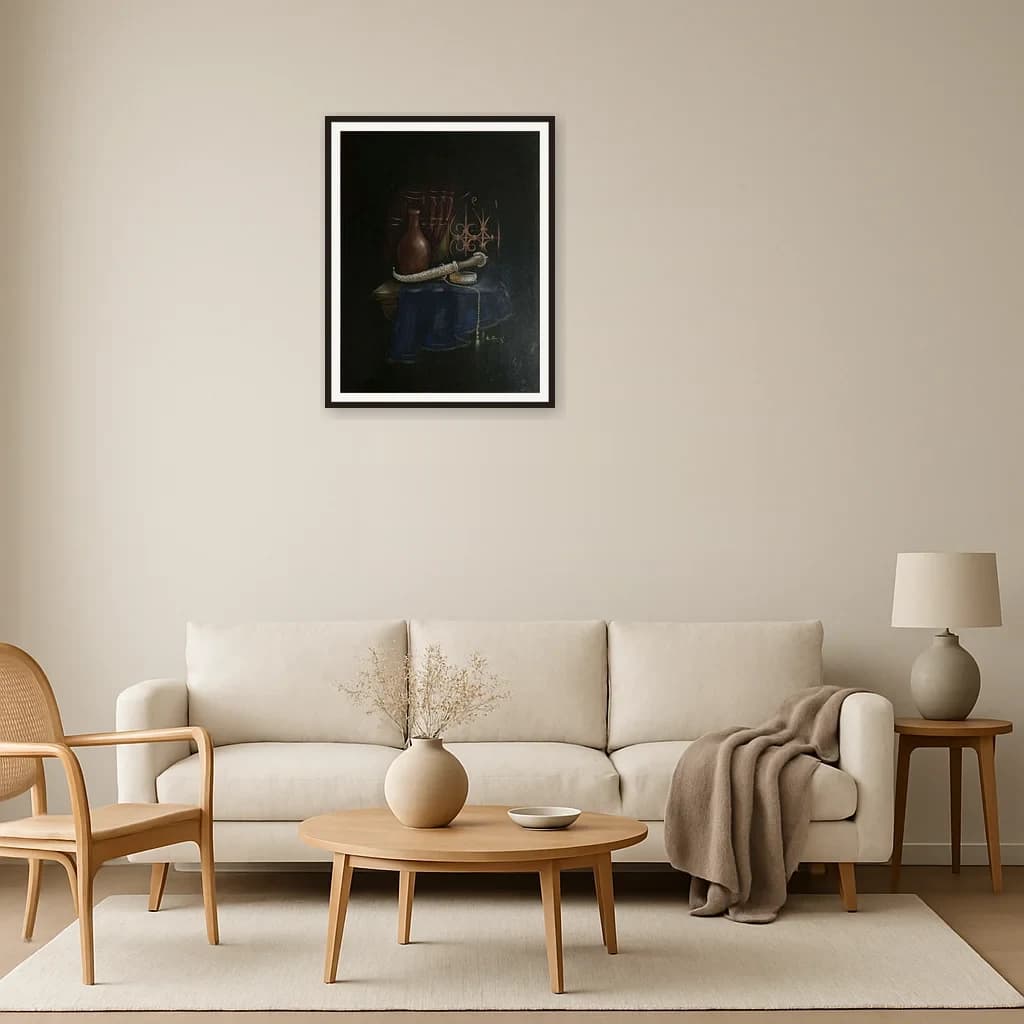 Tableau nature morte marocaine - jarre, poignard et objets traditionnels – vue 3