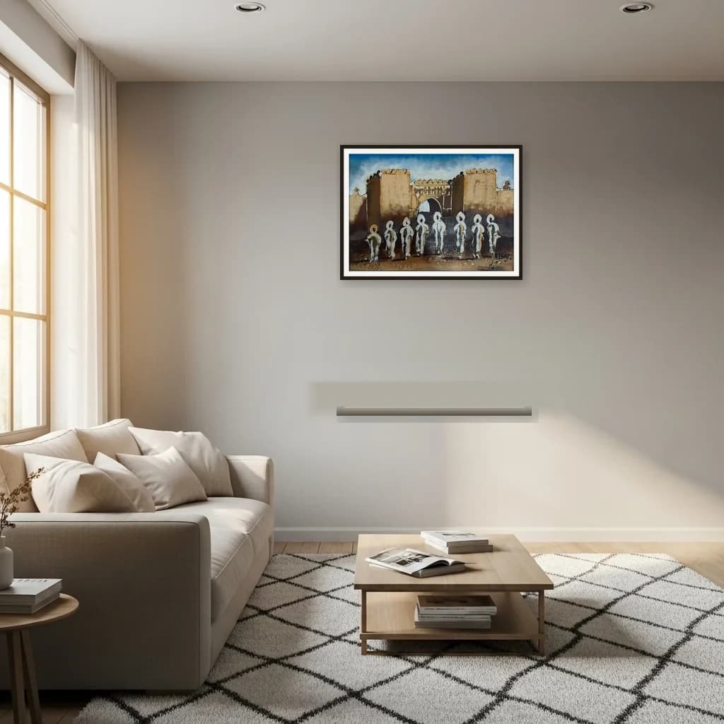 Tableau expressionniste marocain - ville fortifiée et silhouettes blanches – vue 3