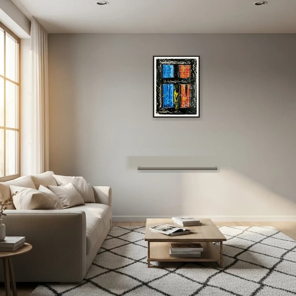 Tableau expressionniste marocain - silhouette entre fenetres bleue et rouge – vue 3