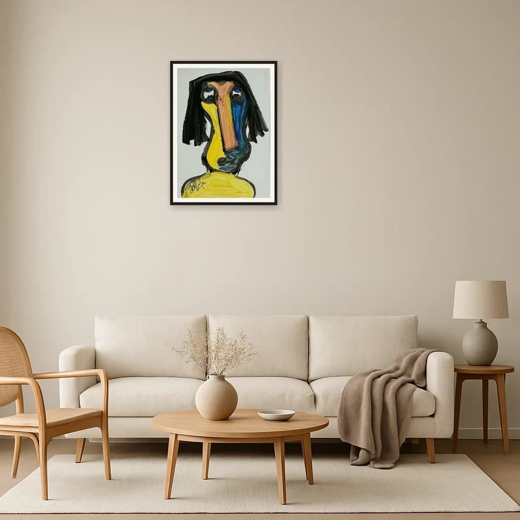 Tableau expressionniste marocain - visage oiseau aux yeux bleus – vue 3