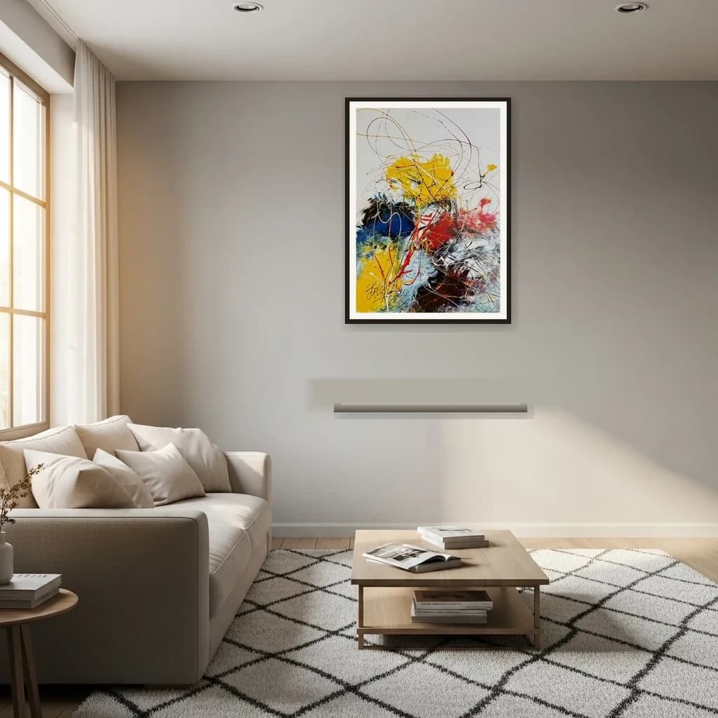 Tableau abstrait marocain - abstraction éclaboussée jaune et rouge – vue 3