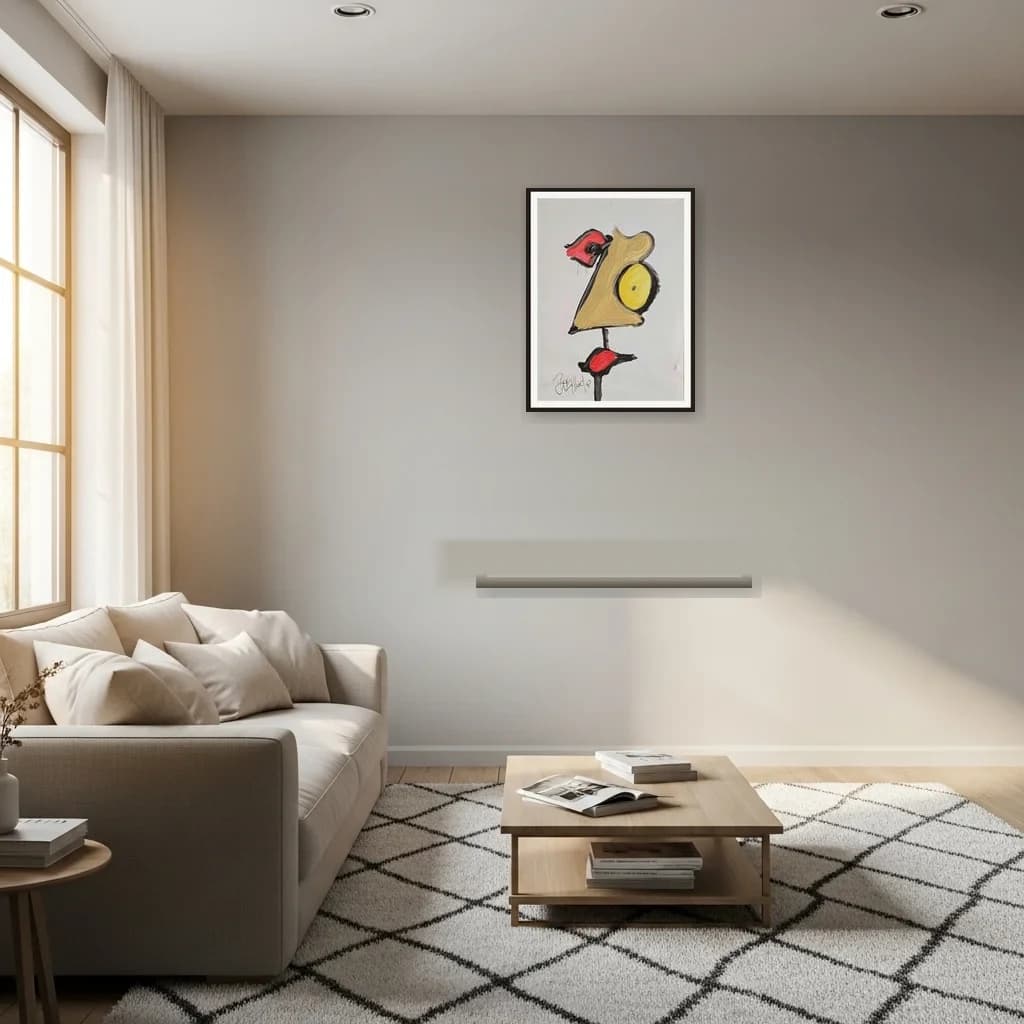 Tableau expressionniste marocain - oiseau stylise jaune et rouge – vue 3