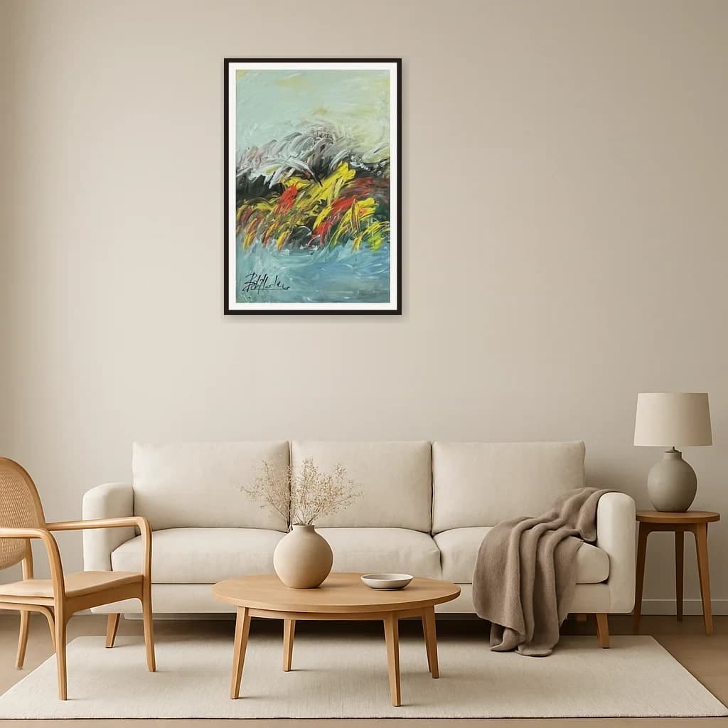 Tableau abstrait marocain - champ abstrait aux herbes jaunes – vue 3
