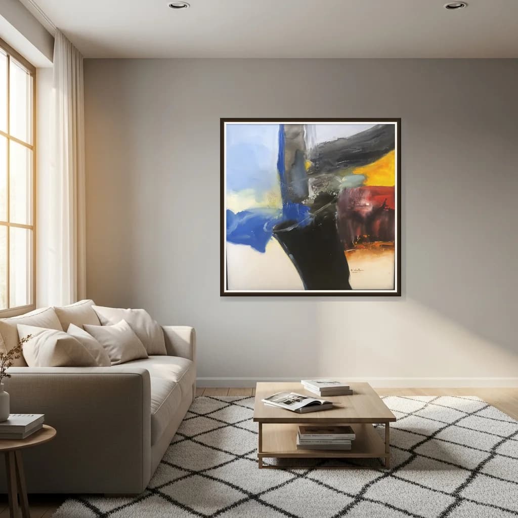 Tableau Abstrait nuées de bleu et touches dorées – tableau abstrait peint à la main par Mohamed Al Ichati – vue 3