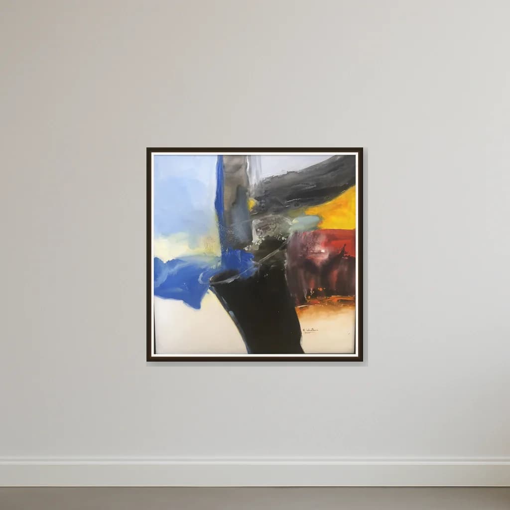 Tableau Abstrait nuées de bleu et touches dorées – tableau abstrait peint à la main par Mohamed Al Ichati – vue 2