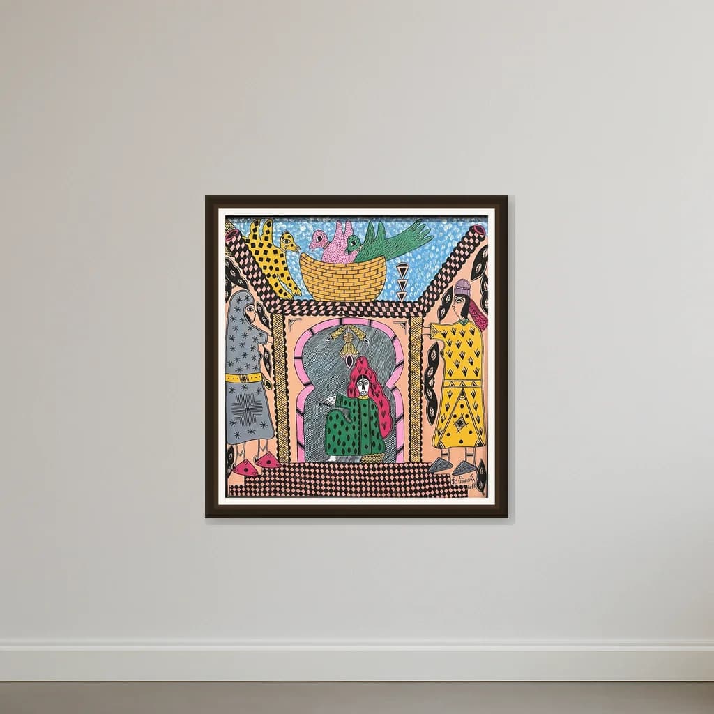 Tableau figuratif marocain personnages et oiseaux – tableau art naïf peint à la main par Abdelmoumen El Farouj – vue 2