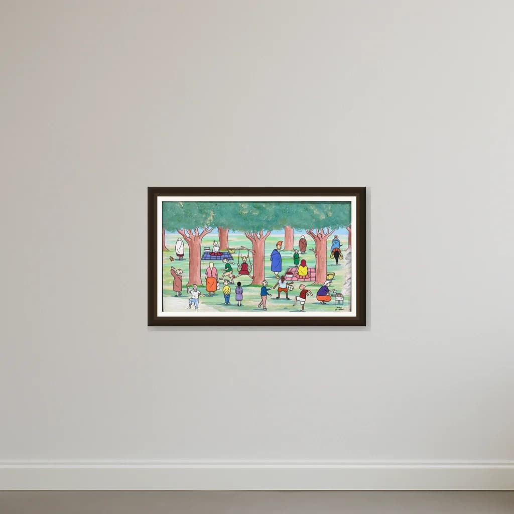 Tableau scène de parc marocain ludique – tableau art naïf peint à la main par Ahmed Cherrad – vue 2