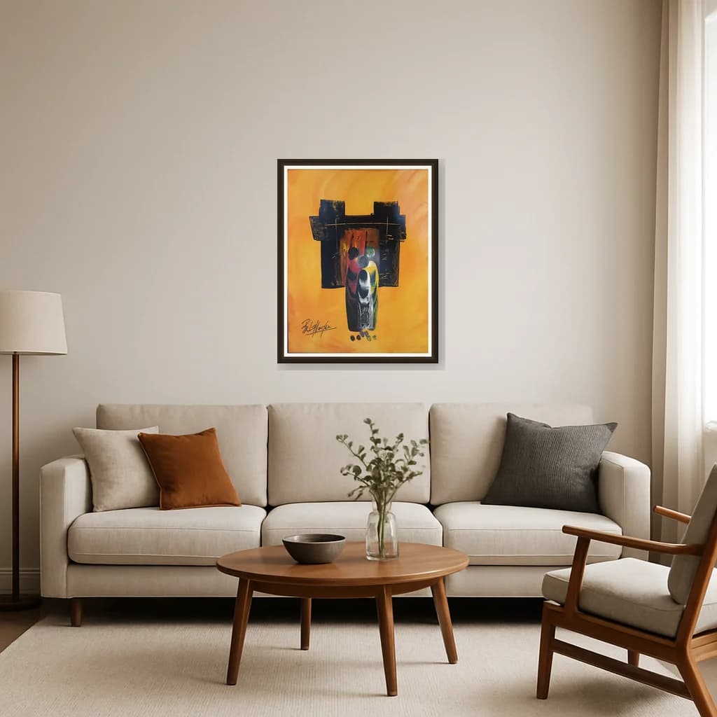 Tableau Abstrait silhouettes sur fond doré – tableau figuratif peint à la main par Ahmed Belmkadem – vue 3