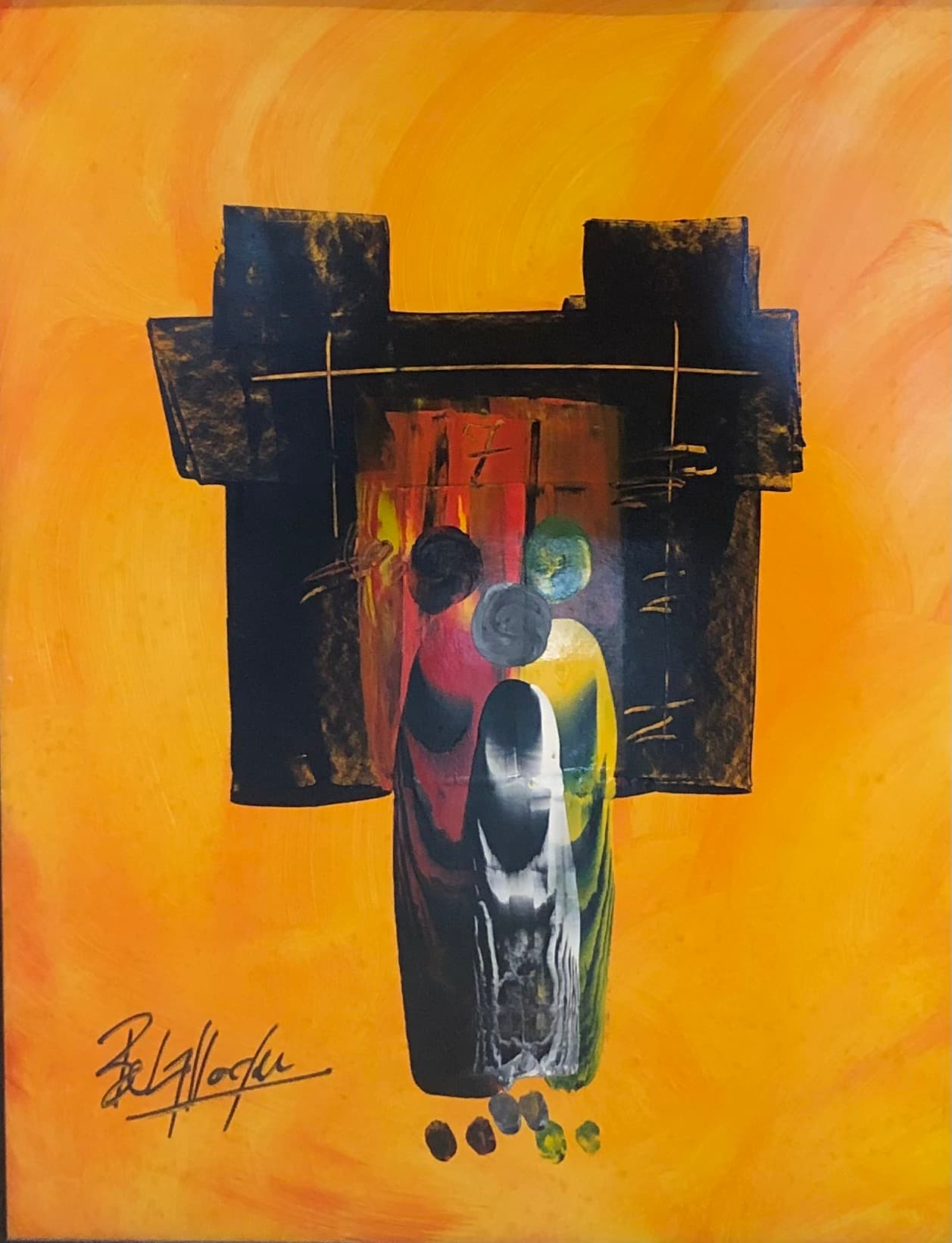 Tableau Abstrait silhouettes sur fond doré – tableau figuratif peint à la main par Ahmed Belmkadem